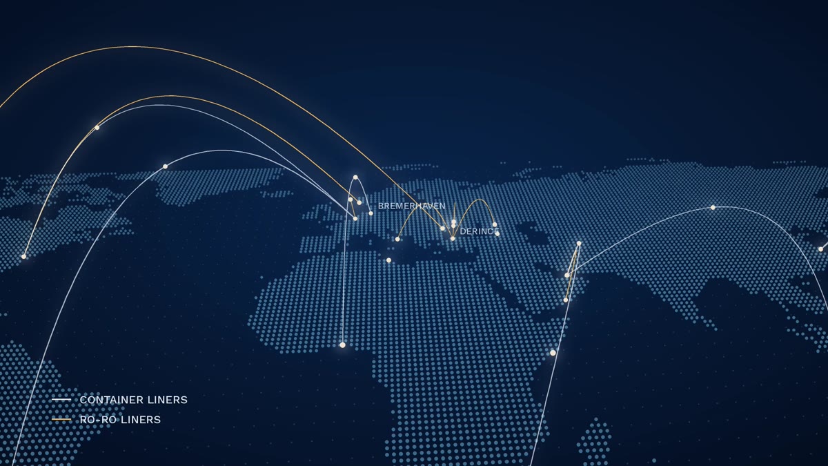 The redesigned opening, a dot map at night with Ro-Ro routes drawn in gold